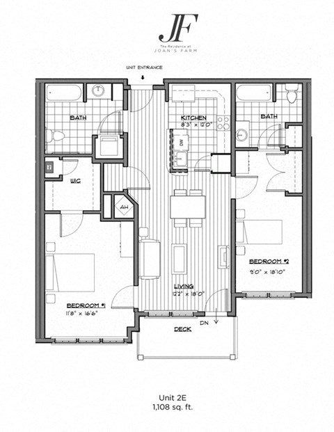 Floor plan for 2 beds, 2 baths, 1108 sqft